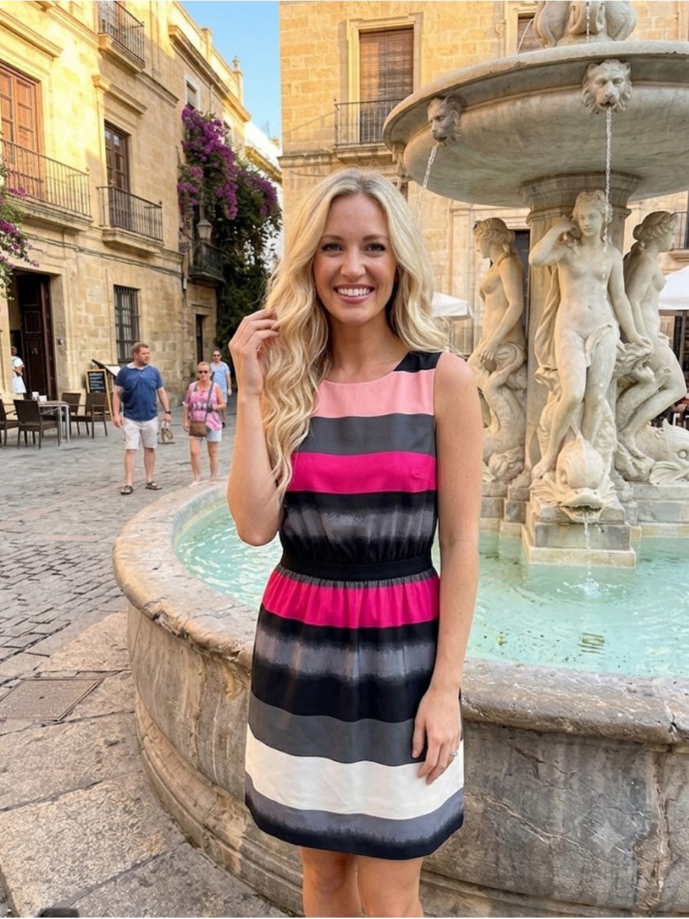 Striped Sleeveless Fit-and-Flare Dress in Pink, Black & Cream